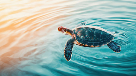 Majestic green sea turtle gracefully swimming through calm blue waters illuminated by warm sunlight reflecting off the surfaceの素材