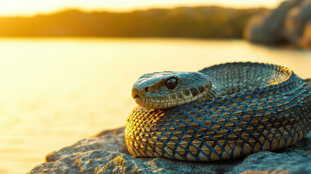 Close-up of a Serpent Relaxing on a Rock by a Calm Water Body During Golden Hour with Stunning Sunset Reflection and Intricate Scale Textureの素材