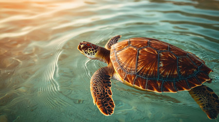 Majestic Sea Turtle Gracefully Swimming Through Crystal Clear Water Beneath a Golden Sunset, Showcasing Nature's Beauty and Tranquilityの素材