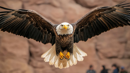 Majestic Bald Eagle in Flight Showcasing Powerful Wings and Striking Features Against a Natural Rocky Backgroundの素材