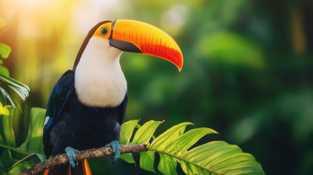 Vibrant Toucan Perched on Lush Green Leaves in Tropical Jungle Setting with Stunning Sunlight Streaming Through Foliageの素材