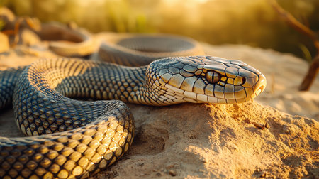 Close-Up View of a Beautiful Snake Relaxing on a Sunlit Rock in Natural Habitat, Showcasing Scales and Glimmer under Warm Sunlightの素材