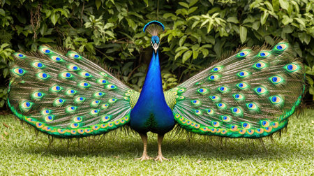 Magnificent Peacock Displaying Vibrant Feathers in Lush Green Environment, Showcasing Rich Colors and Iridescent Beauty of Nature's Splendorの素材