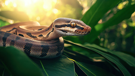 Close-Up View of a Python Snake in the Lush Green Jungle with Bright Sunlight Highlighting Its Scales and Surrounding Vegetationの素材