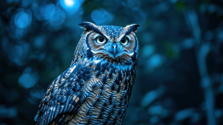 Majestic Owl Perched in the Twilight, Showcasing Beautiful Feathers and Intense Gaze, Symbol of Wisdom and Mystery in Nature's Nighttime Sceneの素材