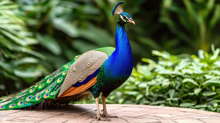 Majestic Peacock Showcasing Vibrant Feathers in a Lush Green Environment, Capturing Nature's Beauty and Delicate Details of Exotic Wildlifeの素材