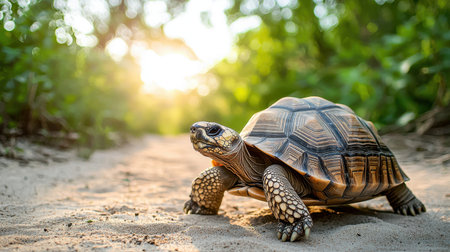 Close-Up of a Tortoise Walking on Sandy Pathway Surrounded by Lush Greenery in Natural Outdoor Environment at Sunsetの素材