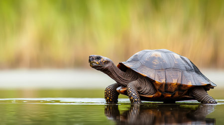 Majestic Turtle Swimming in Tranquil Waters Surrounded by Lush Greenery and Warm Natural Light Capturing the Beauty of Wildlife in Natureの素材