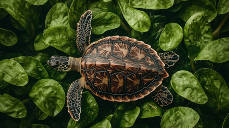 Majestic Sea Turtle Swimming Gracefully Over Lush Green Water Plants Surrounded by Vibrant Aquatic Vegetation in Clear Ocean Water Environmentの素材