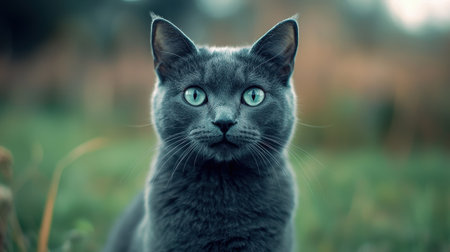 Close-Up Portrait of a Grey Cat with Striking Green Eyes Gazing Curiously in a Natural Outdoor Setting Surrounded by Grass and Soft Background Blurの素材