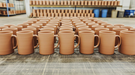 Rows of Unfinished Clay Mugs in a Workshop, Ready for Glazing and Firing, Displaying Craftsmanship and Artisan Skill in Pottery Productionの素材