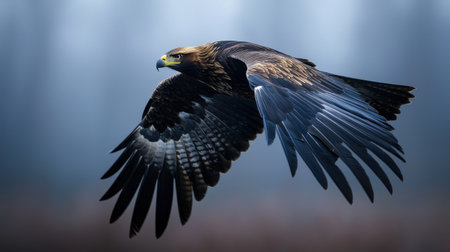 Majestic golden eagle soaring through misty atmosphere with powerful wings and sharp gaze, symbolizing freedom and natural beauty in wildlife photographyの素材
