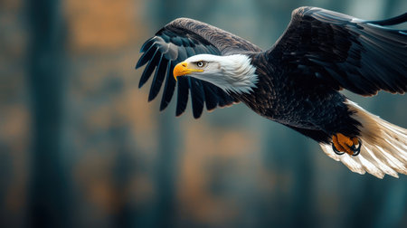 Majestic Bald Eagle in Flight with Outstretched Wings Against a Soft Blurred Background Highlighting Natures Beauty and Freedomの素材