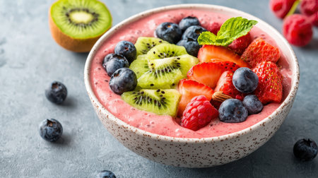 Fresh and Healthy Smoothie Bowl with Berries, Kiwi, and Strawberries Served in a Rustic Bowl on a Grey Backgroundの素材