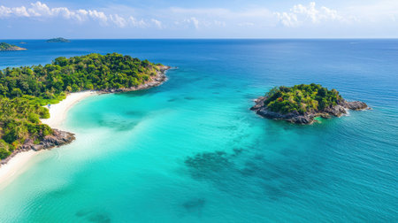 Aerial View of Tropical Beach with Clear Blue Water, Lush Green Islands, and White Sandy Shore Under Bright Sunny Sky in a Relaxing Paradise Settingの素材