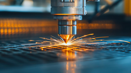 Laser Cutting Machine in Action Creating Sparks on Metal Surface with Dramatic Lighting in Industrial Workshop Settingの素材