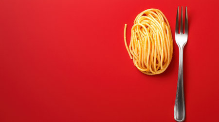 Deliciously Twirled Spaghetti Noodles on a Bright Red Background with Silver Fork, Perfect for Food Photography and Culinary Inspirationの素材