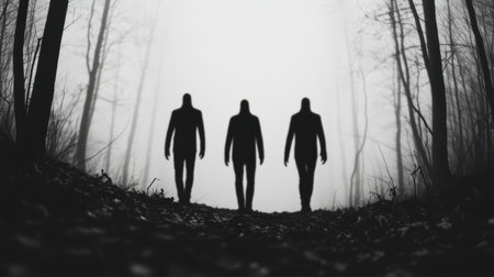Eerie Silhouettes of Figures Walking Through a Foggy Forest Path Creating a Mysterious and Haunting Ambiance in Black and White Photographyの素材