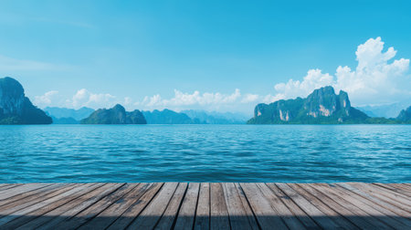 Tranquil waterfront view with clear blue water, rocky mountains, and a wooden deck under a bright sky featuring fluffy clouds in a serene landscape settingの素材