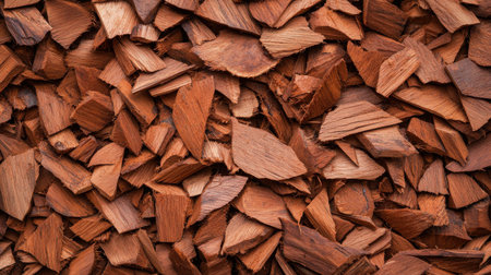 Brown wood chips background texture for natural decor, landscaping, gardening, mulch, and sustainable design ideas in organic home settingsの素材