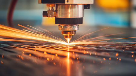 Close-Up View of a Laser Cutting Machine in Action, Sparks Flying in a Workshop Setting, Precision Engineering, Metal Fabrication Processの素材