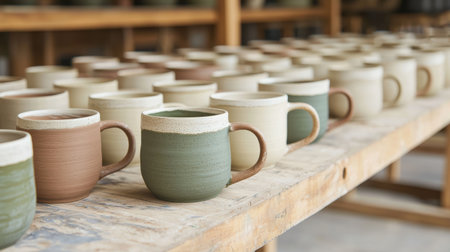 Beautifully Crafted Ceramic Mugs Displayed in Workshop with Natural Earthy Tones and Unique Textures for Craft and Design Inspirationの素材