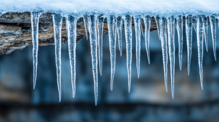 Stunning Icicles Hanging from a Rocky Overhang with Snow, Capturing Winter Beauty in Nature's Frozen Artistry and Tranquil Atmosphereの素材