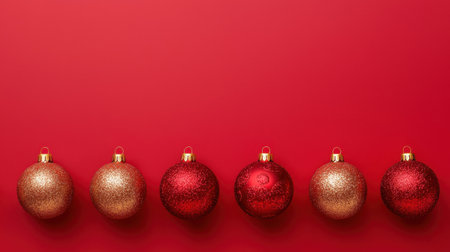 Elegant Red and Gold Christmas Ornaments Displayed Against a Bold Red Background for Festive Holiday Decorationの素材