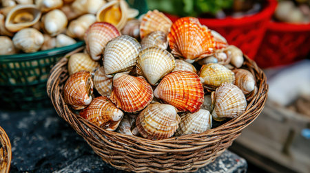 Freshly Harvested Colorful Shells Displayed in a Rustic Basket on a Vibrant Market Table Surrounded by Greenery and Other Sea Productsの素材