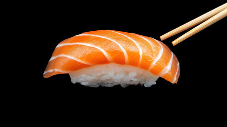 Fresh salmon sushi slice on bamboo chopsticks against black background, vibrant colors, culinary art, food photography, elegant presentation and textureの素材