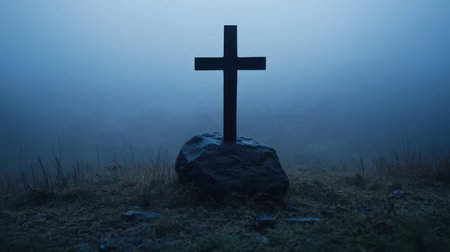 Misty Landscape with Cross on Rocky Base Surrounded by Lush Grass in a Foggy Atmosphere at Dawn or Dusk Time in a Serene Natural Settingの素材
