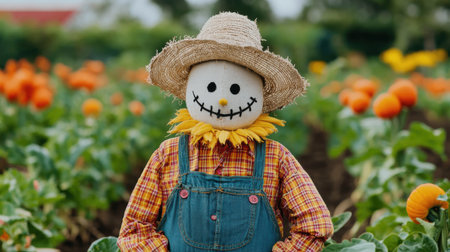 Smiling Scarecrow in Colorful Pumpkin Field Surrounded by Lush Greenery and Autumn Foliage Under Bright Blue Sky on a Sunny Dayの素材