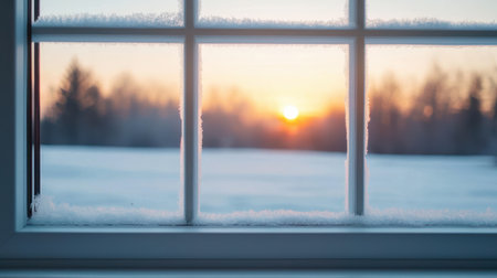 Serene Winter Sunset Through Frosted Window Frame with Snowy Landscape and Gentle Light Illuminating Wintery Scene at Duskの素材