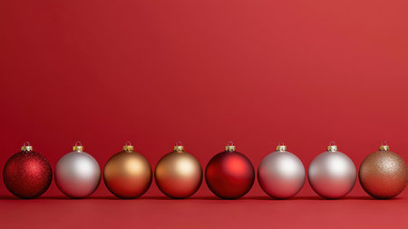 Elegant arrangement of holiday ornaments in various colors on a vibrant red background, perfect for Christmas and festive seasonal decorationsの素材