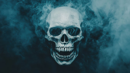 Dark and Eerie Skull Surrounded by Mystical Fog Creating a Sinister Atmosphere for Halloween, Horror, or Gothic Themesの素材
