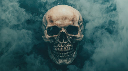 Realistic human skull surrounded by dark smoke, creating a haunting atmosphere suitable for horror, art, and creative projects with strong visual impactの素材