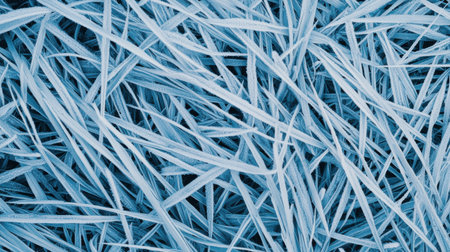Close-Up of Frosted Grass Blades Creating a Serene, Icy Landscape with a Gentle Blue Hue Emphasizing the Beauty of Winter and Nature's Tranquilityの素材