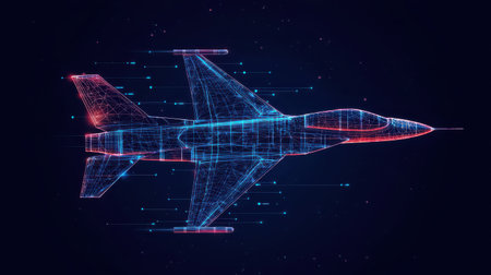 Futuristic Fighter Jet Blueprint in Neon Colors Featuring Digital Lines and Data Streams Against a Dark Background for Technology and Innovation Themesの素材