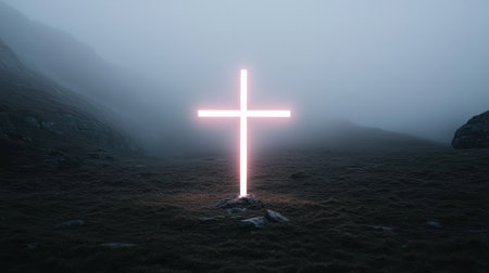 Illuminated cross in foggy landscape symbolizing hope, faith, and spirituality with soft light glowing in tranquil natural surroundingsの素材