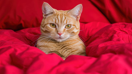 Charming orange tabby cat resting on vibrant red bedding, showcasing its beautiful fur and expressive eyes in a cozy indoor settingの素材