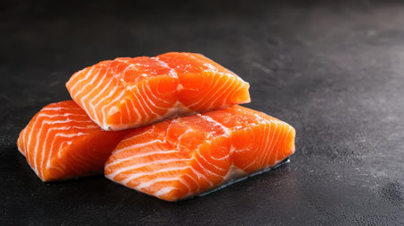 Fresh raw salmon fillets stacked against a dark background, perfect for culinary projects and food photography, showcasing rich color and texture for recipesの素材