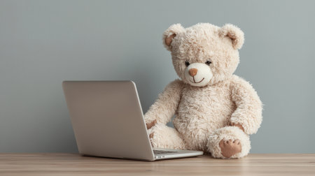Adorable plush teddy bear sitting in front of open laptop on wooden table against simple gray background, symbolizing comfort and companionship in technologyの素材