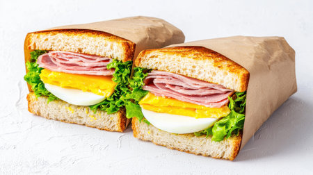 Fresh and Delicious Sandwich with Layered Ingredients Including Lettuce, Egg, Cheese, and Ham Perfect for Quick Meals and Snacks on-the-goの素材