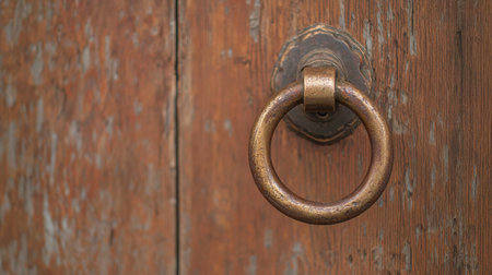 Vintage Door Knocker on Weathered Wood, Close-Up of Classic Design with Rustic Charm, Perfect for Architectural or Home Decor Photographyの素材