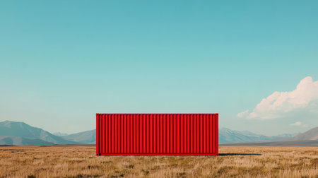 Bright Red Shipping Container Stands Alone in a Vast Open Landscape with Blue Sky and Mountains in the Backgroundの素材