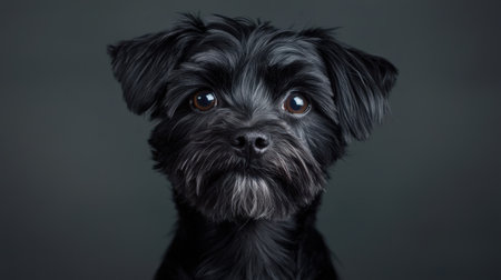 Adorable black dog with shiny fur and expressive eyes staring confidently against a dark background, showcasing its charming personality and unique featuresの素材