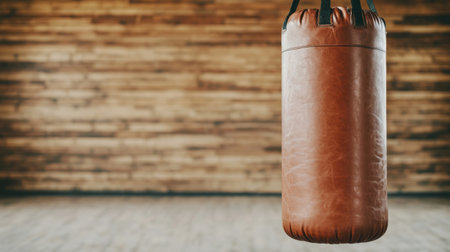 Vintage Leather Punching Bag Hanging in Modern Gym with Wooden Wall as Background and Minimalist Interior Design for Fitness Enthusiasts and Athletesの素材