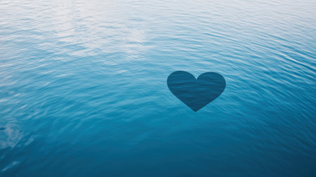 Heart shape reflection on calm blue water surface, serene and tranquil natural setting, symbolizing love and peace in a beautiful landscape photographyの素材