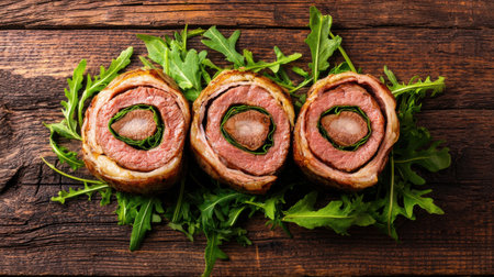 Savory Meat Dish with Fresh Greens Displayed on Rustic Wooden Surface, Artfully Arranged for Culinary Presentation and Food Photographyの素材
