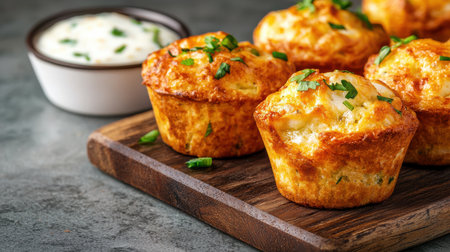 Freshly Baked Savory Muffins with Chives and Creamy Dip on Wooden Board, Perfect for Snacks and Appetizers at Gatherings or Partiesの素材